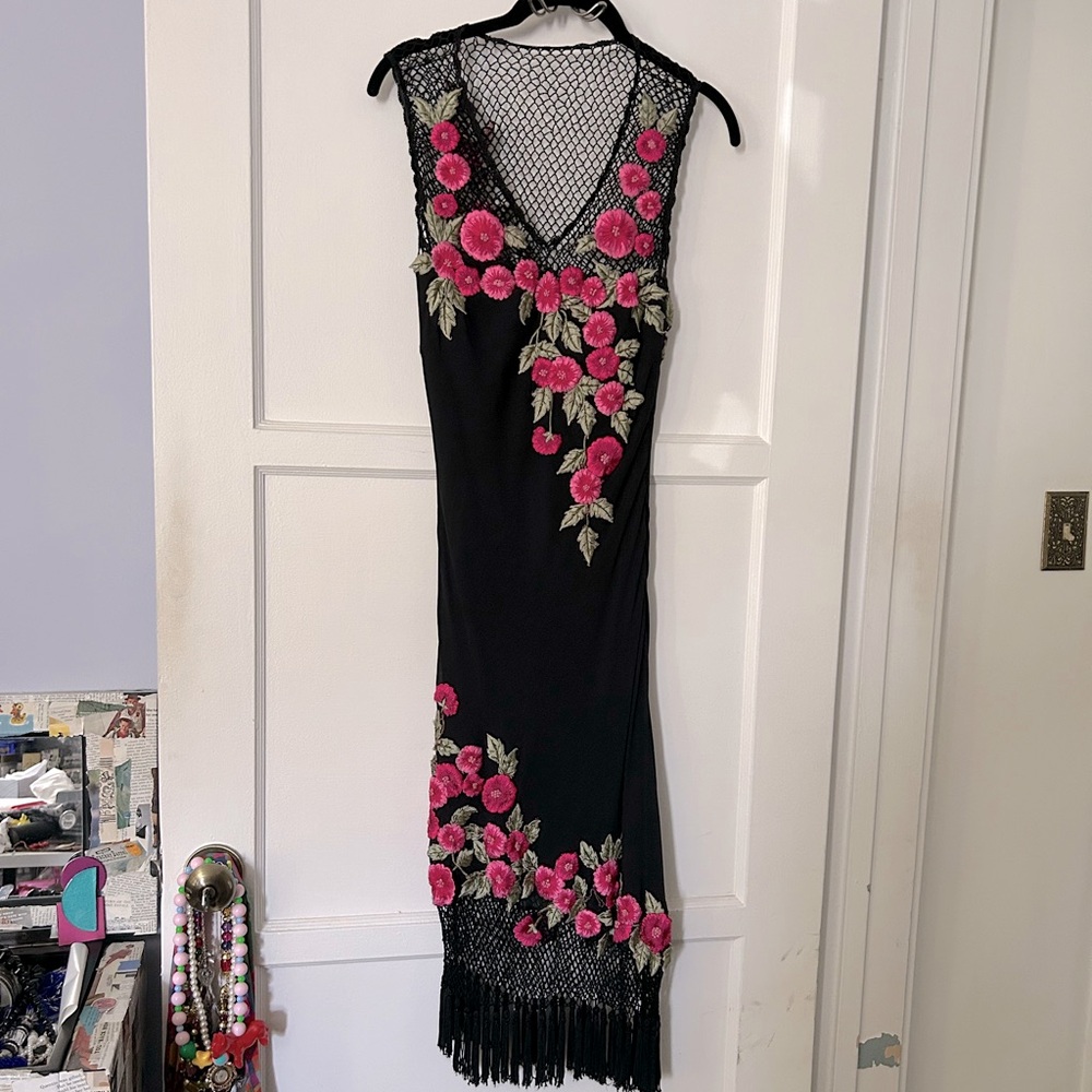 Sue Wong Black Bias Cut Dress with Pink Floral Embroidery